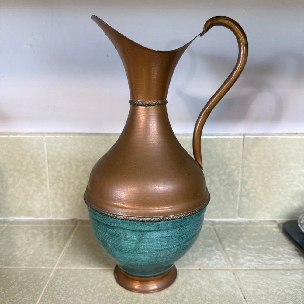 Vintage Copper Pitcher Ewer Verdigris‎ Teal Patina Decorative Vase 11.5 Inch